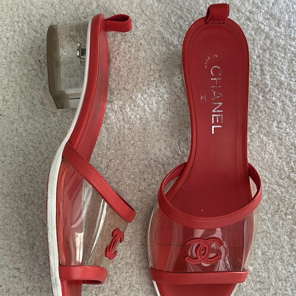 SOLD Chanel 2019 PVC Logo Slides with Transparent Block Heel